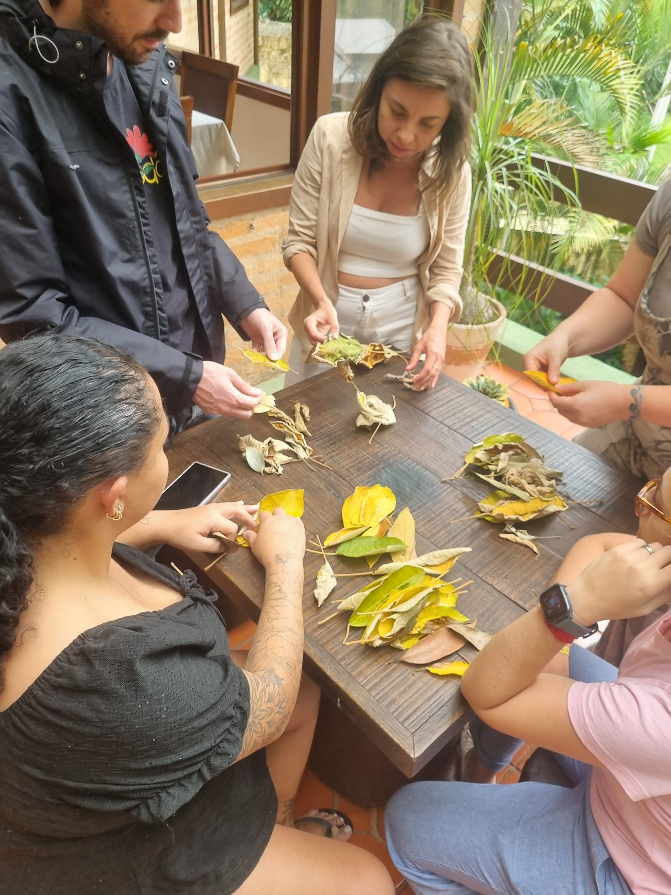 Participantes observam e comparam folhas sobre uma mesa durante uma atividade da imersão